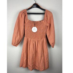 Lost + Wander - Small - Terracotta Grid Dress With Smocked Bodice & Puff Sleeves